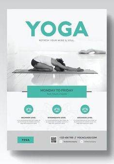 a yoga flyer template with an image of two people doing yoga on the floor and one person