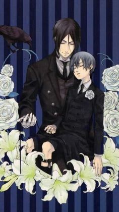 two anime characters sitting in front of flowers