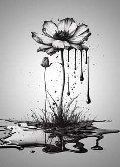 a black and white photo with water dripping from the bottom, flowers in the middle