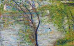 a painting of trees and water in a park with two people walking on the path