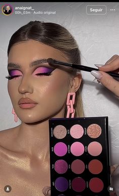 Pink And Gold Glam Makeup, Glam Makeup Pink Eyeshadow, Pink Glitter Rave Makeup, Pink Futuristic Makeup, Pink Drag Eye Makeup, Crazy Eye Makeup, Fire Makeup, Vibrant Makeup, Party Makeup Looks