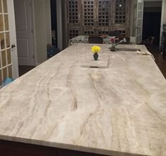 a kitchen counter top with a flower vase on it