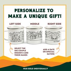 two mugs with the words personalize to make a unique gift, and an image of mountains