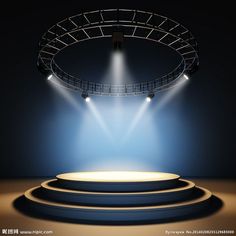 an empty stage with spotlights and steps leading up to the center, on a dark background