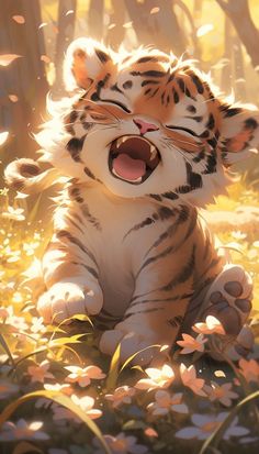 a small tiger sitting in the grass with its mouth open and it's eyes closed