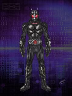 an image of a robot with red eyes standing in front of a blue background and numbers