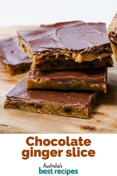 chocolate ginger slice is stacked on top of each other with text overlay that reads, chocolate ginger slice australia's best recipes