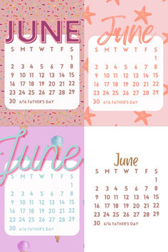 the june and june calendars are shown in three different colors, including pink, blue,