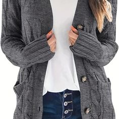 Cardigan With Buttons, Cable Knit Sweater Cardigan, Cardigan Casual, Winter Cardigan, Pocket Cardigan, Button Front Cardigan, Casual Cardigans, Cable Knit Cardigan, Button Cardigan