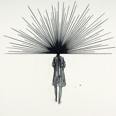 a drawing of a person holding an umbrella in front of their head with rays coming out of it