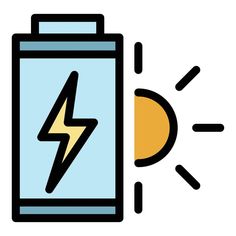 a battery with a lightning bolt in the middle and sun behind it, on a white background