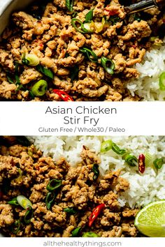 An easy 10 minute stir fry dinner made with ground chicken, fresh ginger, and green onion. Flavorful and healthy, this Asian chicken stir fry is a super fast recipe that comes together in minutes and is perfect for a quick lunch or weeknight dinner. Not only is this recipe delicious, it is also Whole30 compliant, Paleo friendly, and gluten free. Ground Chicken Whole 30, Whole30 Ground Chicken Recipes, Ground Chicken Ramen Stir Fry, Whole 30 Ground Chicken Recipes, Ground Chicken Stir Fry Recipes, Paleo Ground Chicken Recipes, Simple Chicken Stir Fry, Recipes No Dairy, Chicken Recipes No Dairy