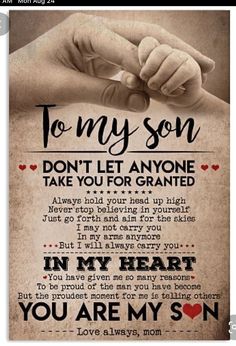 a poster with the words to my son on it, and an image of a hand holding