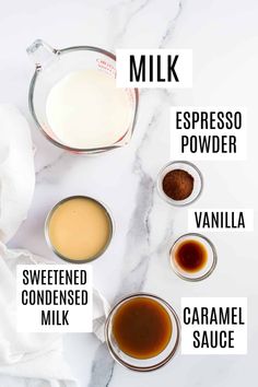 the ingredients to make homemade vanilla milk on a marble counter top with text overlay