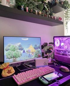 a desk with a keyboard, mouse and monitor on it