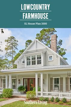 a white house with the words you'll love this low country farmhouse house plan