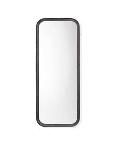 a rectangular mirror on a white wall with black frame and an empty space for the reflection