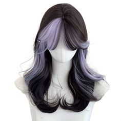 Faster shipping. Better service Long Black And Purple Hair, Black And Purple Hair Ideas, Black Wig With Purple Highlights, Long Black Hair With Purple Streaks, Wigs Purple And Black, Cute Goth Wigs, Red Rosa, Cool Hair Designs, Color Block Hair