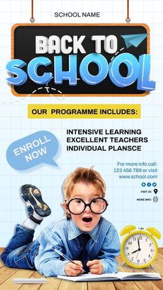 the back to school flyer is shown with an image of a young boy wearing glasses