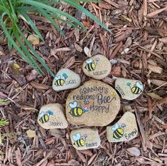 some rocks with writing on them sitting in the grass