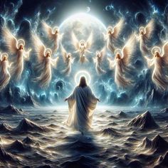 an image of jesus surrounded by angels in the ocean