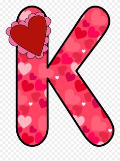 the letter k with hearts on it is pink and has red heart shapes, as well as