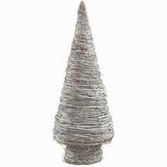 a small white christmas tree made out of wicker on top of a wooden base