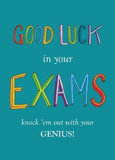 the words good luck in your exam are drawn with colored crayons on a blue background