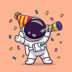 an astronaut is holding a party hat with confetti on it and looking into the distance