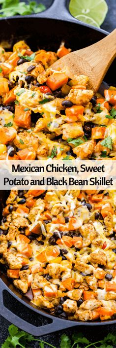 the mexican chicken, sweet potato and black bean skillet is ready to be eaten