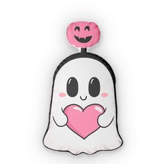 a white and pink bell with a heart on it's side, sitting against a white background