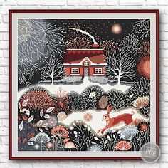 a cross stitch pattern on a brick wall with a red house in the woods and trees