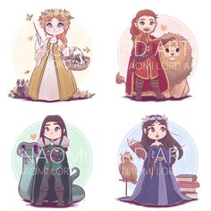 four different princesses are shown in the same style and color, each with their own character