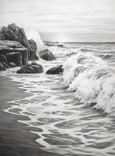 a black and white drawing of waves crashing on rocks