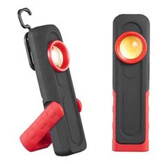 two flashlights with one light on and the other in red, are next to each other