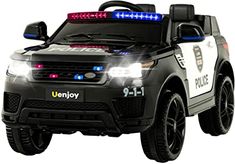 a toy police car with lights and sound effects on the front, is shown against a white background