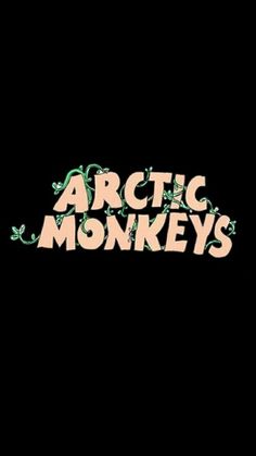 the arctic monkeys logo is shown in pink and green letters on a black background with leaves