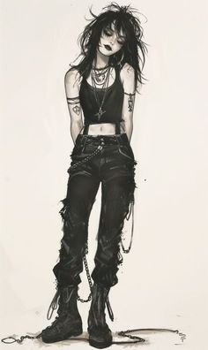 a black and white drawing of a woman with chains on her legs, wearing all black