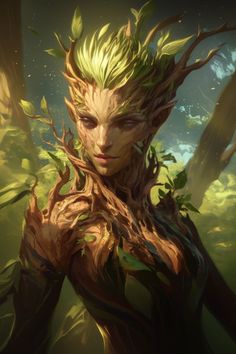 a woman with green hair and leaves on her body in front of an image of trees