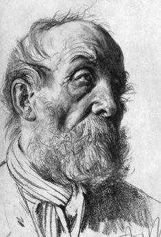 a black and white drawing of a man with a beard