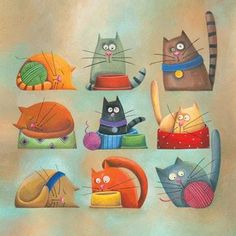 a painting of cats with different colors and sizes