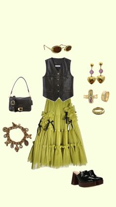 a woman's outfit and accessories including shoes, bracelets, sunglasses and handbag