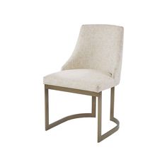 a white chair with metal legs and a beige upholstered back, on a white background