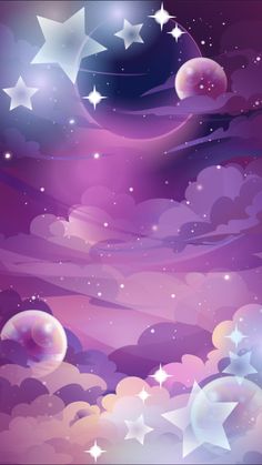 the night sky with stars and clouds in purple tones, as well as an image of planets