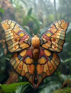 a colorful butterfly sitting on top of a lush green forest