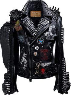 Fitted Black Biker Jacket For Halloween, Edgy Studded Leather Jacket For Alternative Fashion, Alternative Spiked Leather Jacket For Fall, Edgy Biker Jacket With Spikes For Alternative Fashion, Alternative Winter Outerwear With Spikes, Biker Style Leather Jacket With Spikes For Biker Events, Biker Leather Jacket With Spikes For Biker Events, Fitted Edgy Leather Jacket For Halloween, Rock Style Spiked Leather Jacket For Winter