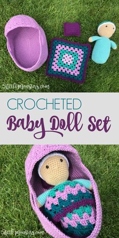 crocheted baby doll set is laying on the grass with it's blanket and hat