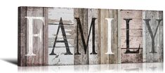 the word family written in different languages on wood planks with white paint and black accents