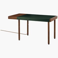 a wooden table with a green top and two legs on each side, against a white background