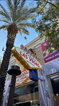 the las vegas sign is next to a palm tree in front of a storefront